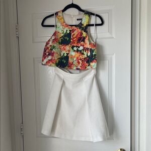 Black Halo Set Floral Crop Top and White Skirt Set